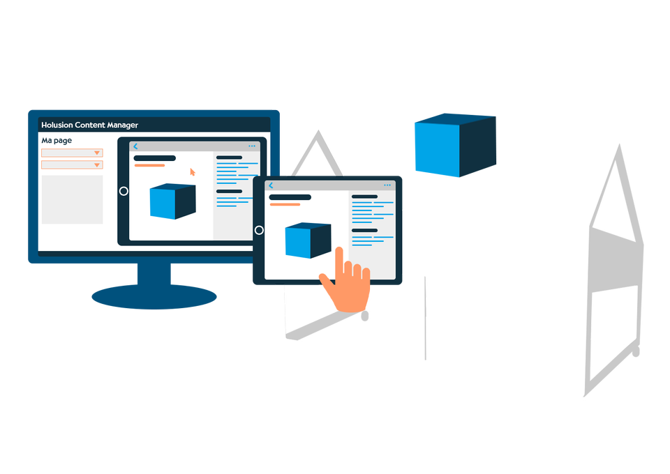 illustration représentant l'interractivité entre l'application holusion content manager, holusion companion et un hologramme