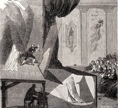 Présentation de l'hologramme de Pepper, gravure (source: Le Monde Illustré, wikimedia commons)