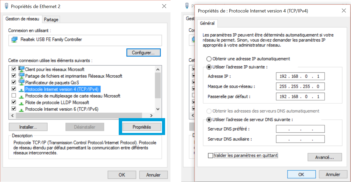 la fenêtre de configuration des connexions réseaux